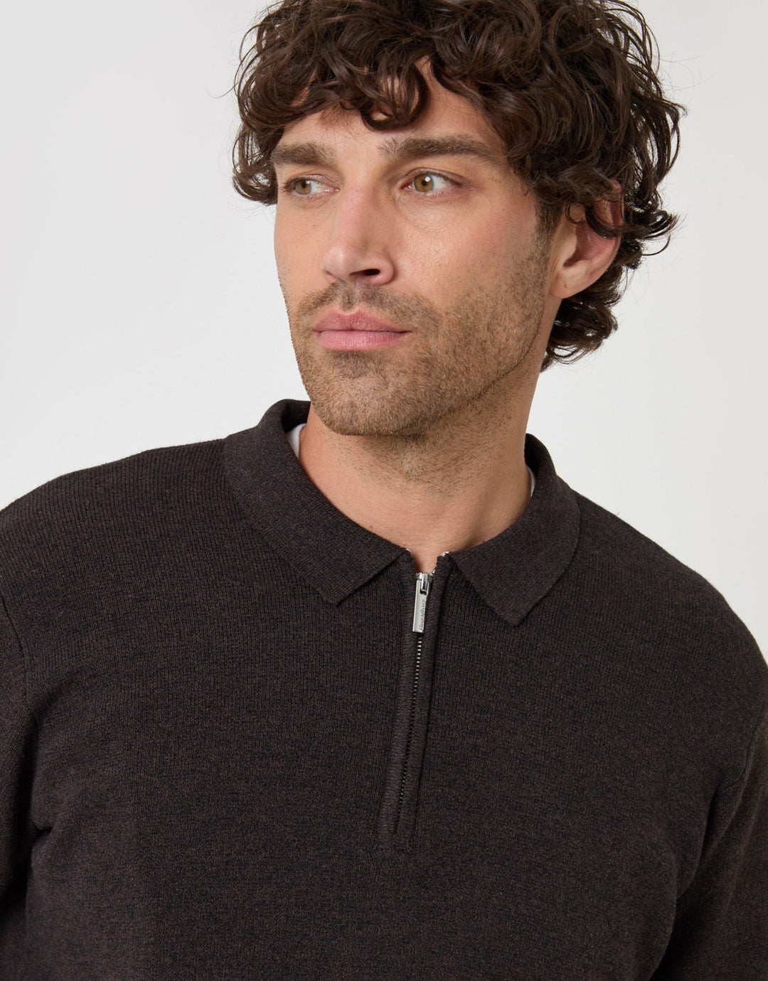 Threadbare Cotton Rich Quarter Zip Long Sleeve Polo in Chocolate Brown - close up