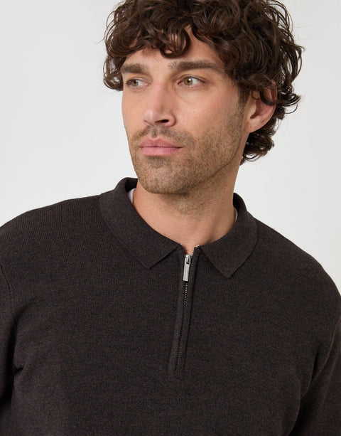 Threadbare Cotton Rich Quarter Zip Long Sleeve Polo in Chocolate Brown - close up