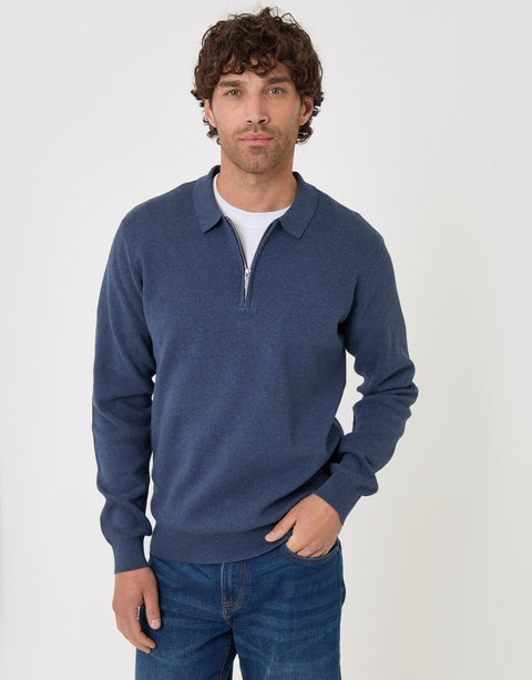 Threadbare Cotton Rich Quarter Zip Long Sleeve Polo in Denim Blue - front view