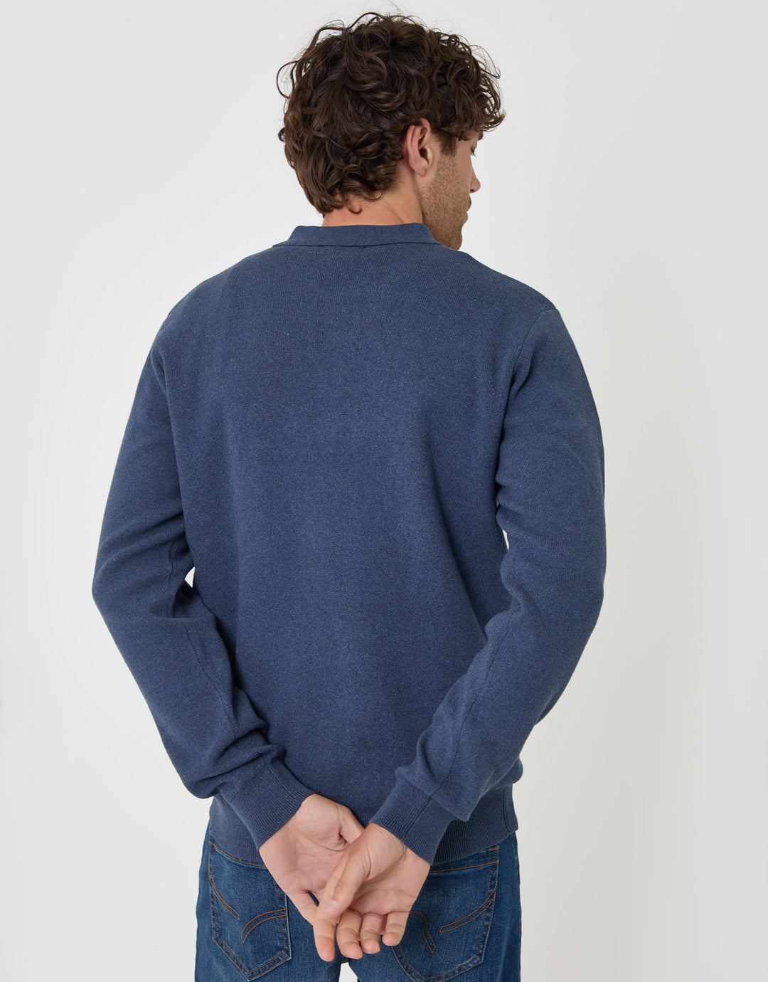 Threadbare Cotton Rich Quarter Zip Long Sleeve Polo in Denim Blue - back view