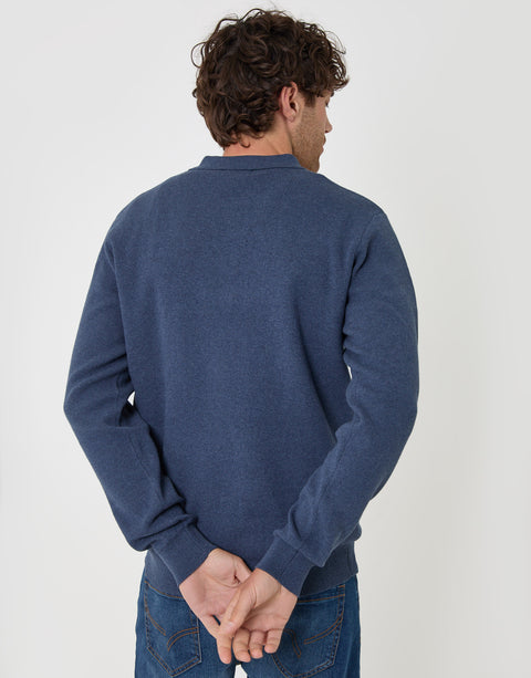 Threadbare Cotton Rich Quarter Zip Long Sleeve Polo in Denim Blue - back view