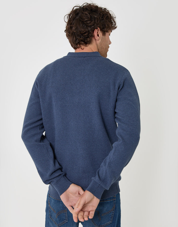 Threadbare Cotton Rich Quarter Zip Long Sleeve Polo in Denim Blue - back view
