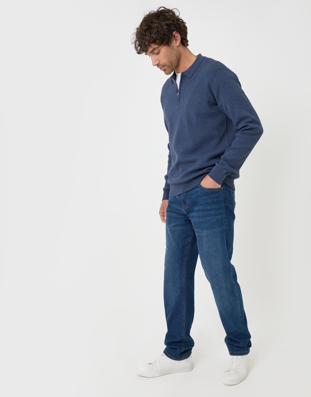 Threadbare Cotton Rich Quarter Zip Long Sleeve Polo in Denim Blue - full body