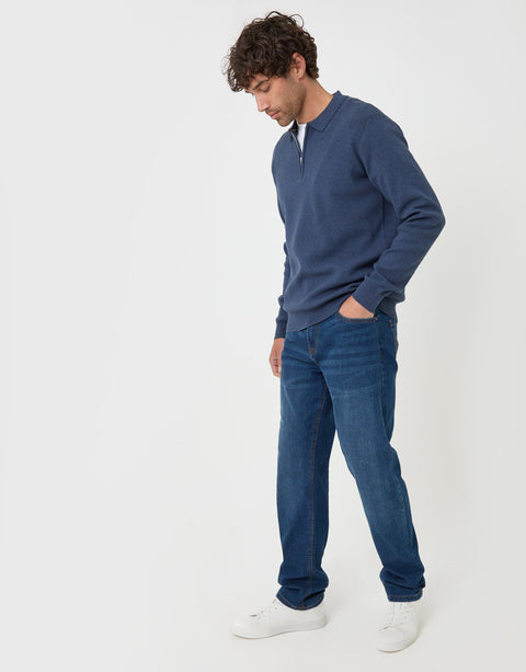 Threadbare Cotton Rich Quarter Zip Long Sleeve Polo in Denim Blue - full body