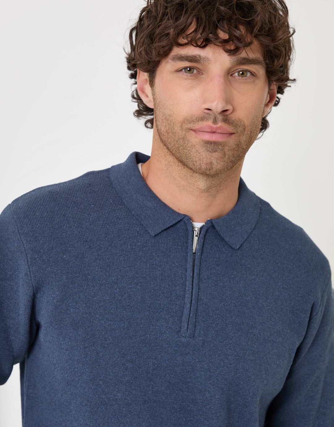 Threadbare Cotton Rich Quarter Zip Long Sleeve Polo in Denim Blue - close up