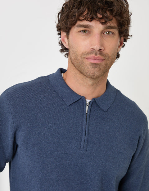 Threadbare Cotton Rich Quarter Zip Long Sleeve Polo in Denim Blue - close up