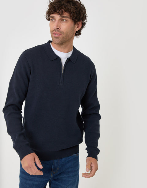 Threadbare Cotton Rich Quarter Zip Long Sleeve Polo in Navy - front view