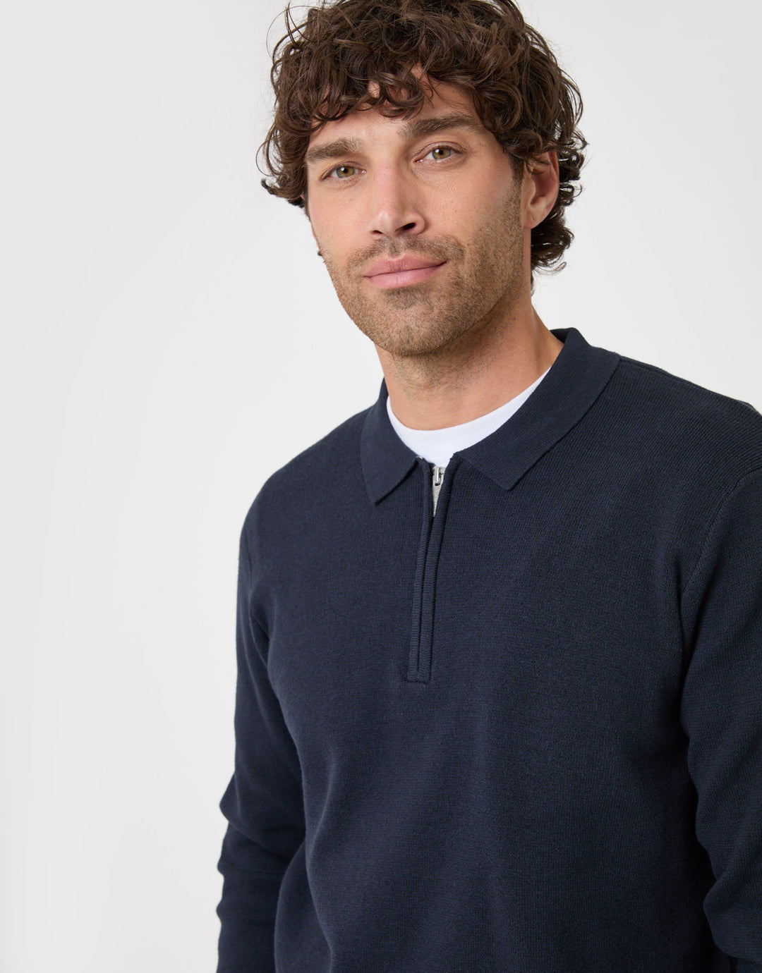 Threadbare Cotton Rich Quarter Zip Long Sleeve Polo in Navy - close up