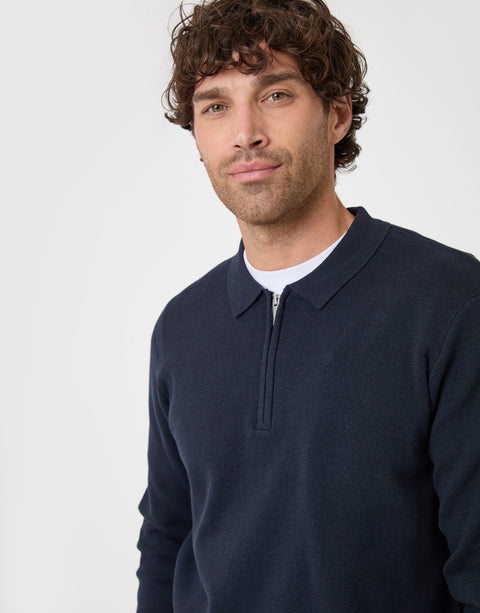 Threadbare Cotton Rich Quarter Zip Long Sleeve Polo in Navy - close up