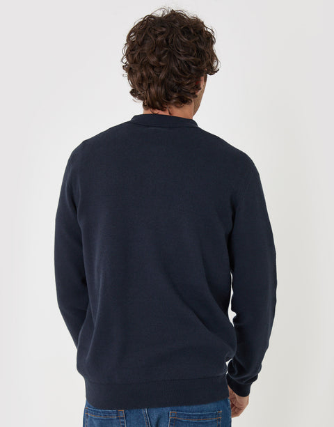 Threadbare Cotton Rich Quarter Zip Long Sleeve Polo in Navy - back view