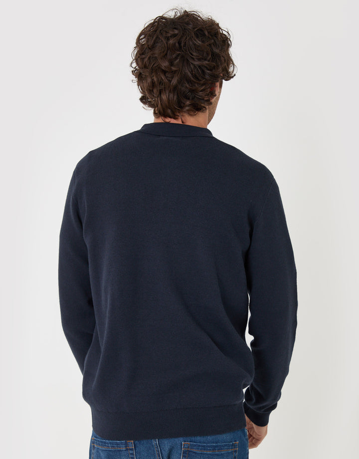 Threadbare Cotton Rich Quarter Zip Long Sleeve Polo in Navy - back view