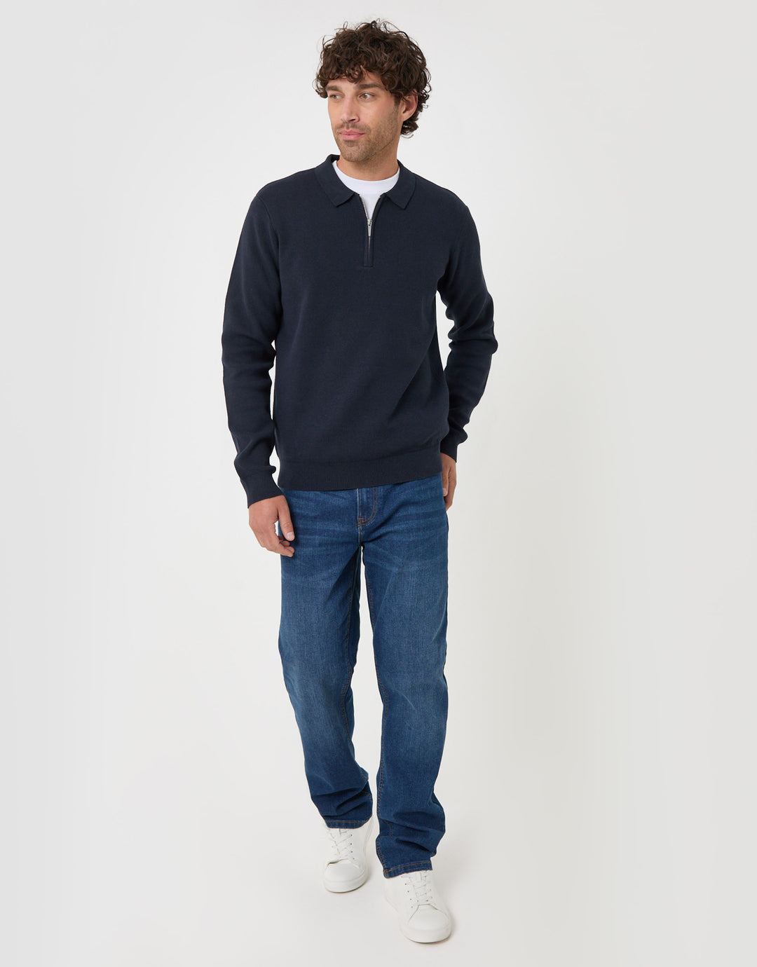 Threadbare Cotton Rich Quarter Zip Long Sleeve Polo in Navy - full body