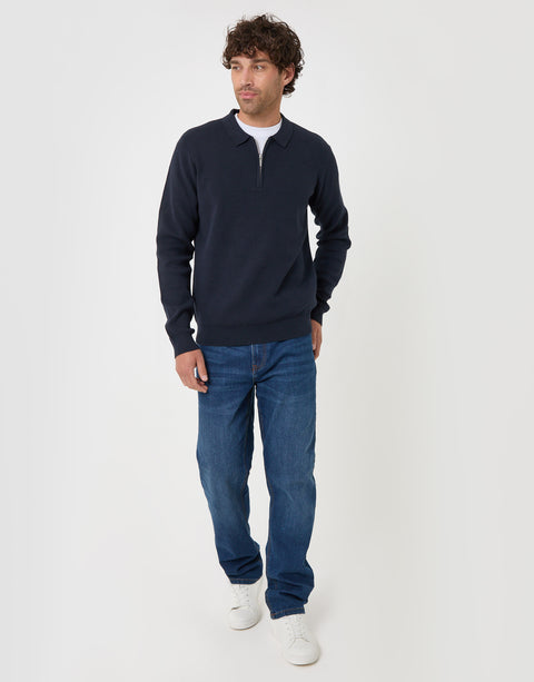 Threadbare Cotton Rich Quarter Zip Long Sleeve Polo in Navy - full body