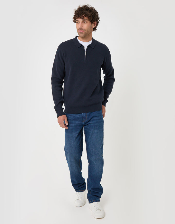 Threadbare Cotton Rich Quarter Zip Long Sleeve Polo in Navy - full body