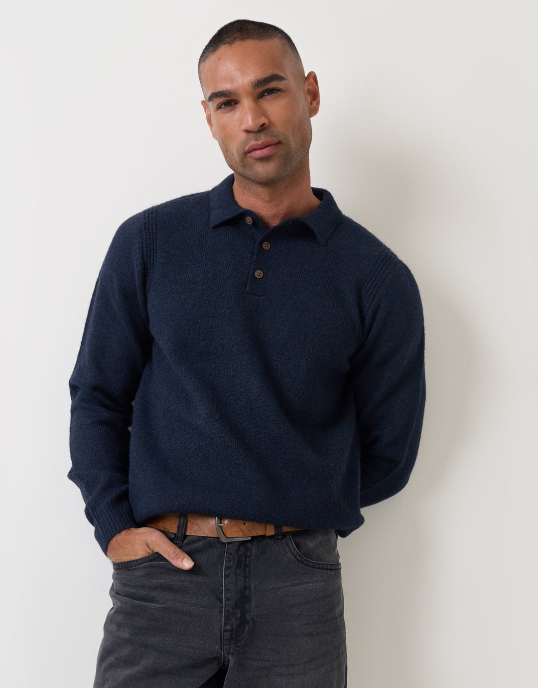 Threadbare Jersey Stitch Polo Jumper in Navy - front view