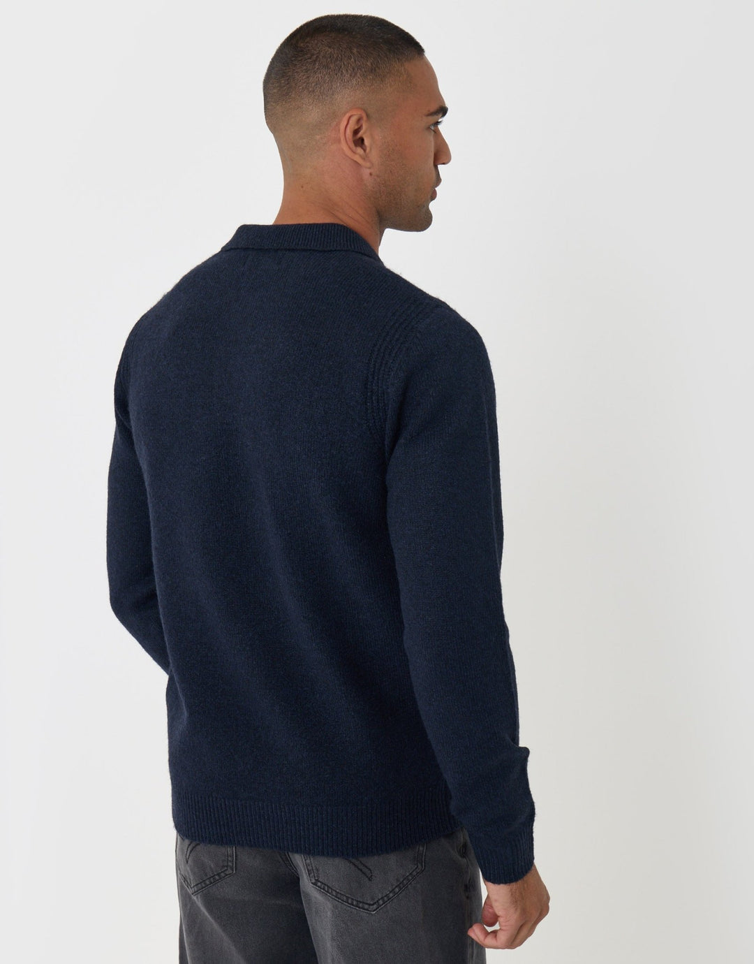 Threadbare Jersey Stitch Polo Jumper in Navy - back view