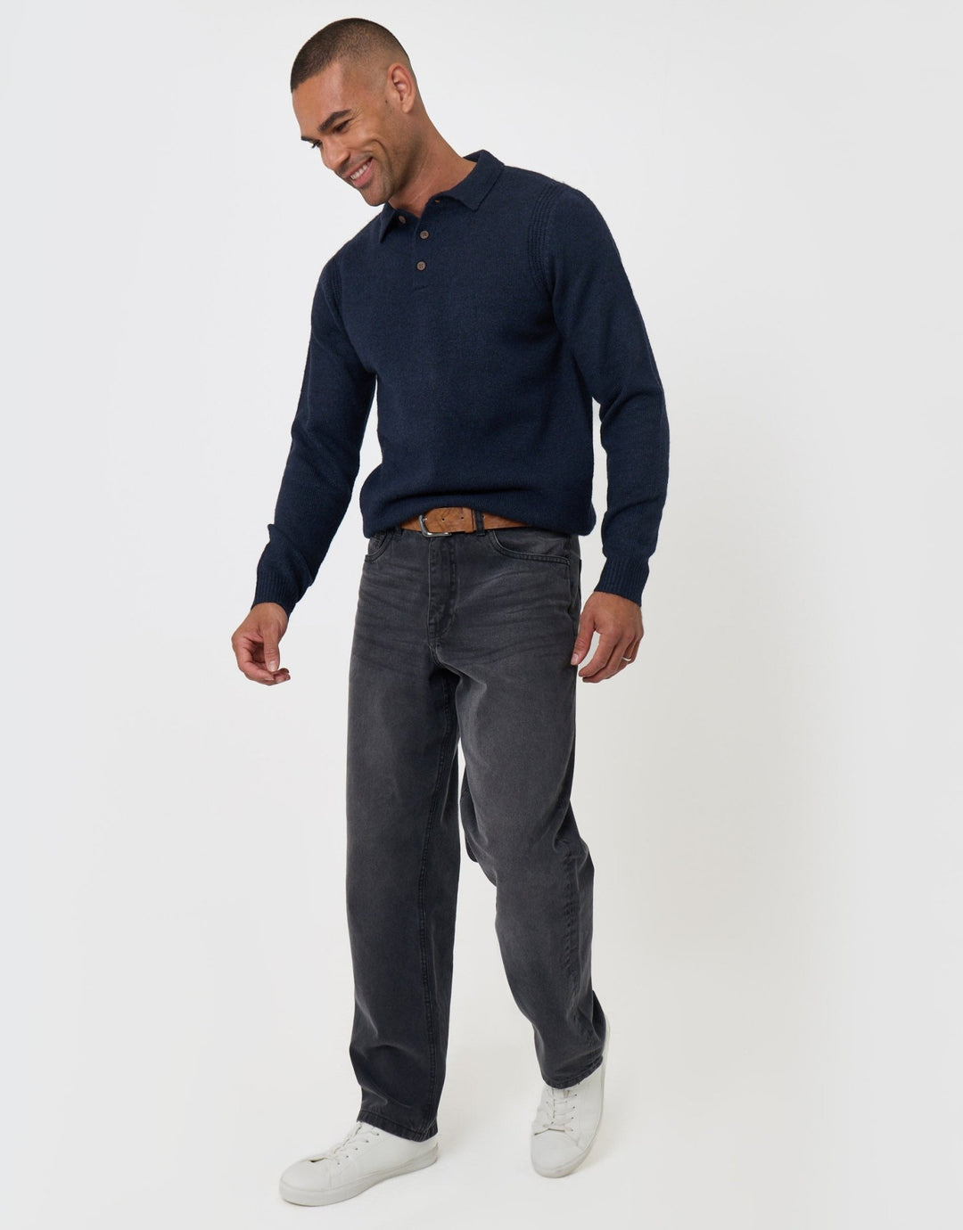 Threadbare Jersey Stitch Polo Jumper in Navy - full body