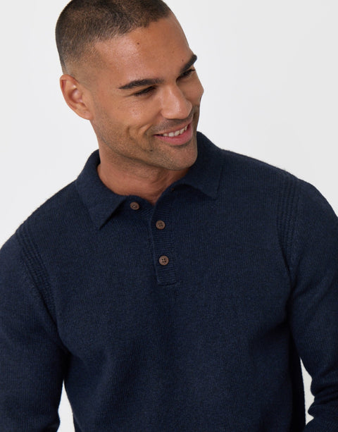 Threadbare Jersey Stitch Polo Jumper in Navy - close up