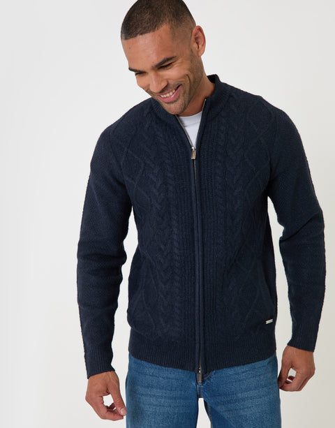 Threadbare Cable Knit Zip Through Jumper in Navy - front view