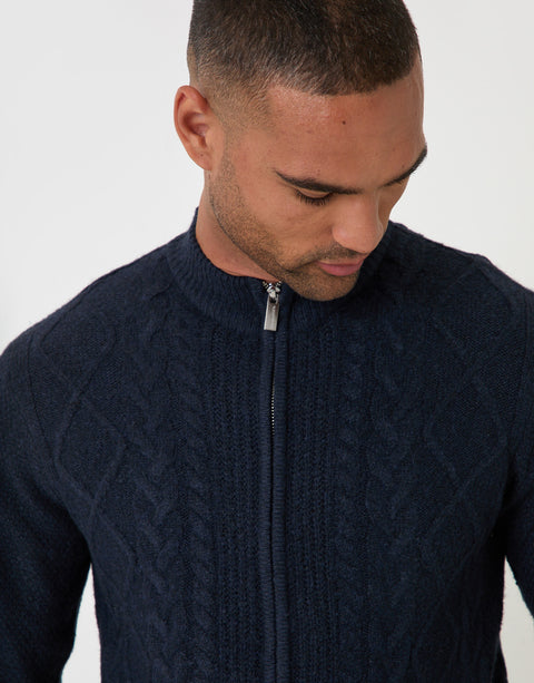 Threadbare Cable Knit Zip Through Jumper in Navy - close up