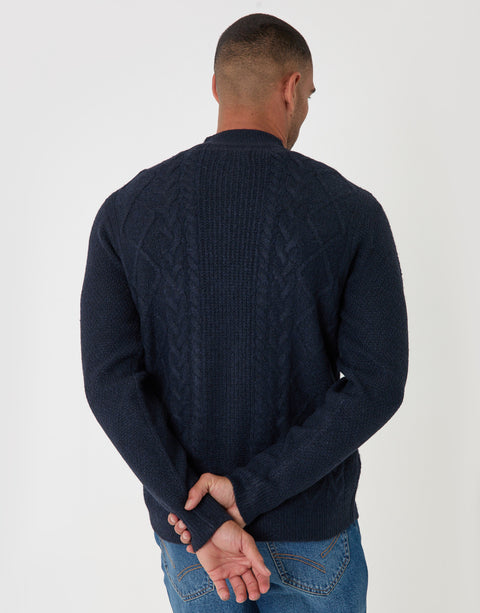Threadbare Cable Knit Zip Through Jumper in Navy - back view