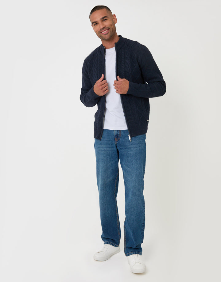 Threadbare Cable Knit Zip Through Jumper in Navy - full body
