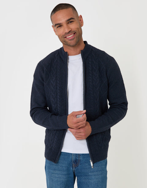 Threadbare Cable Knit Zip Through Jumper in Navy - front view unzipped