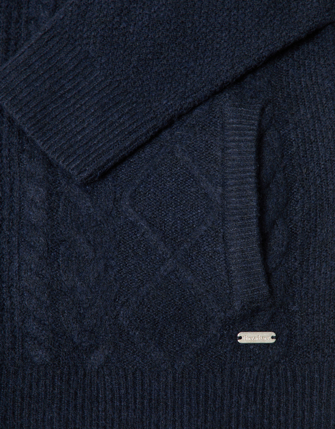 Threadbare Cable Knit Zip Through Jumper in Navy - detail