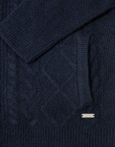 Threadbare Cable Knit Zip Through Jumper in Navy - detail