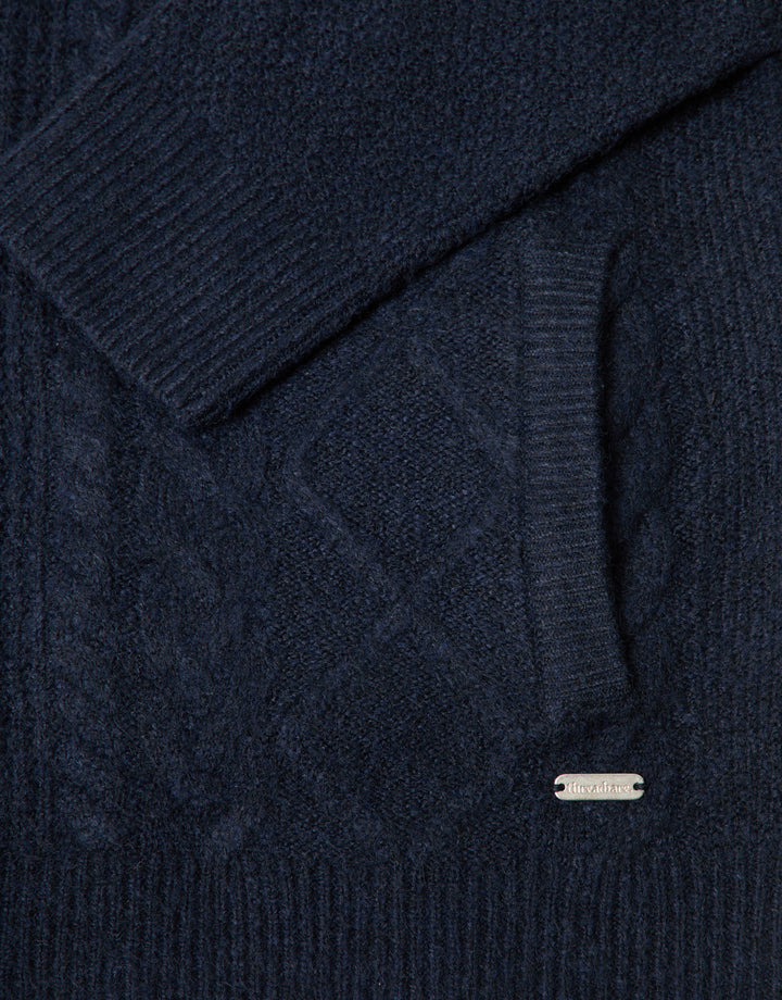 Threadbare Cable Knit Zip Through Jumper in Navy - detail