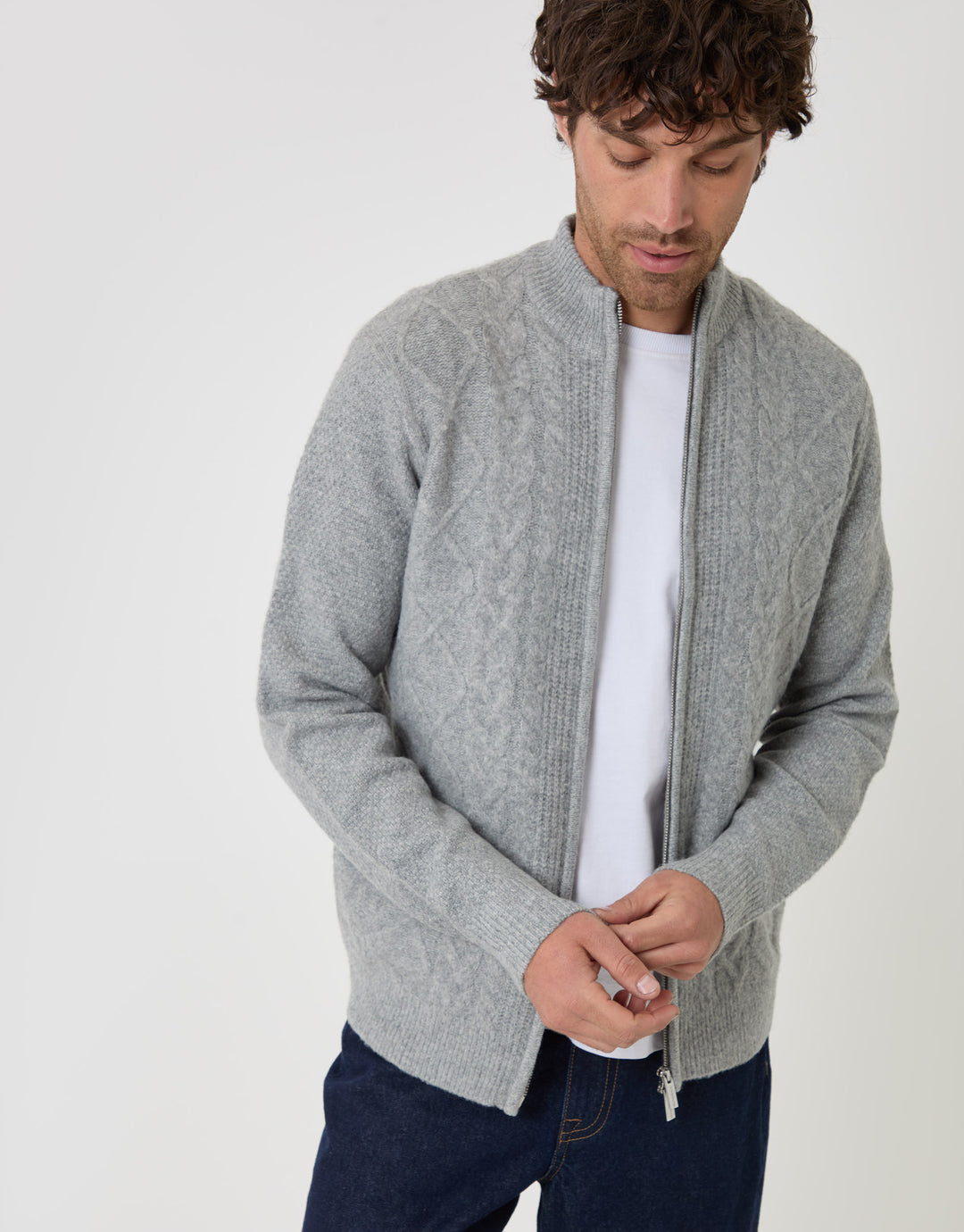 Threadbare Cable Knit Zip Through Jumper in Grey Marl - front view