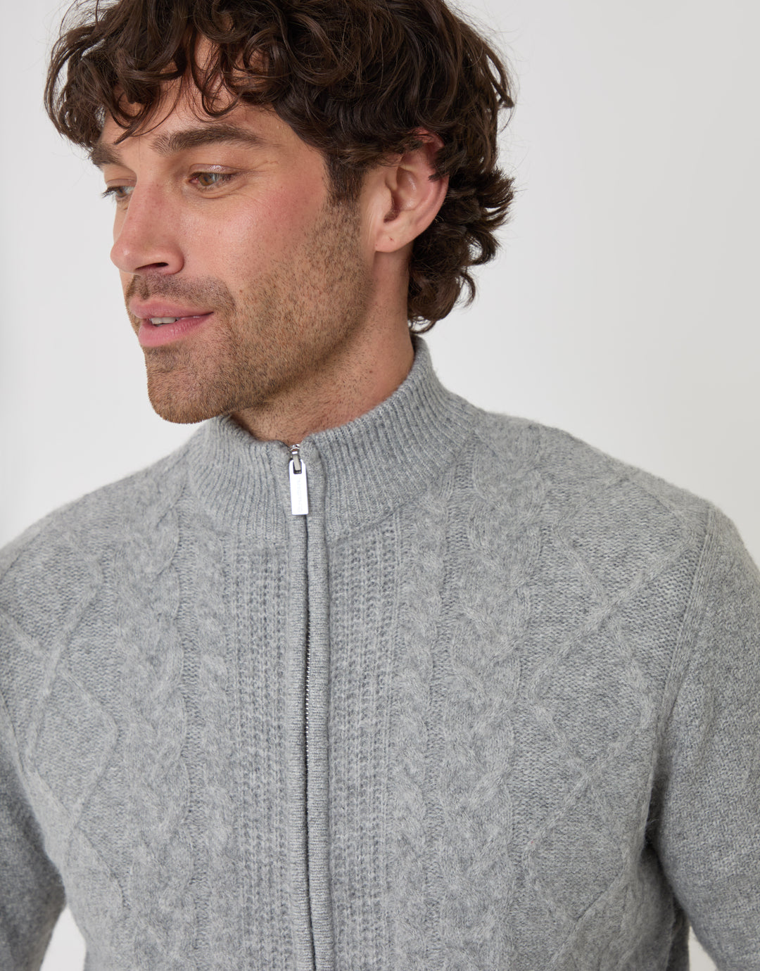 Threadbare Cable Knit Zip Through Jumper in Grey Marl - close up