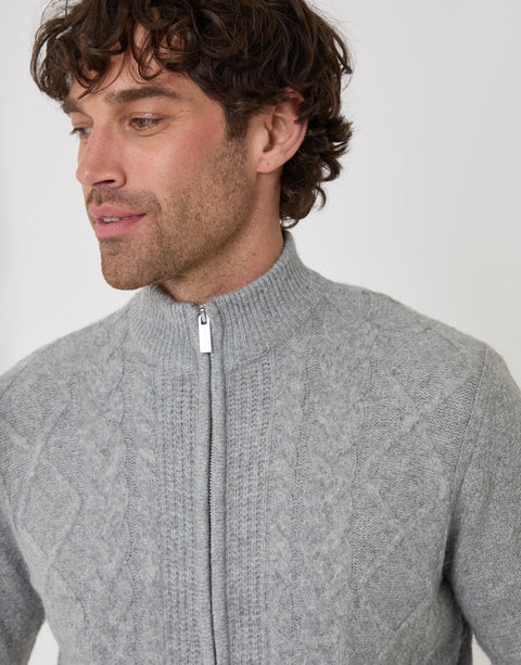Threadbare Cable Knit Zip Through Jumper in Grey Marl - close up