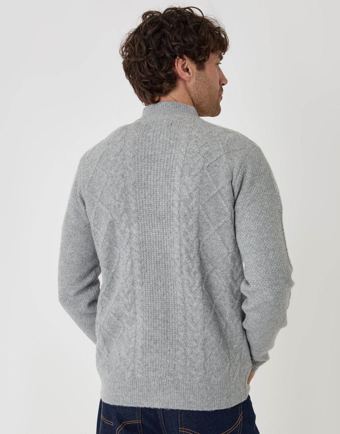 Threadbare Cable Knit Zip Through Jumper in Grey Marl - back view