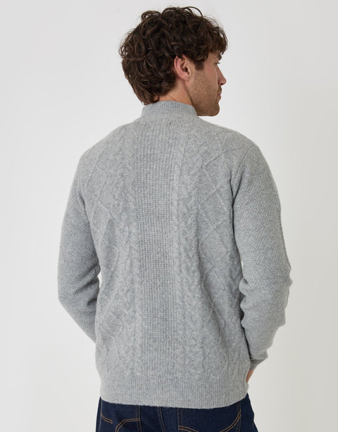 Threadbare Cable Knit Zip Through Jumper in Grey Marl - back view