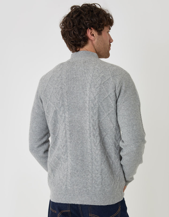 Threadbare Cable Knit Zip Through Jumper in Grey Marl - back view