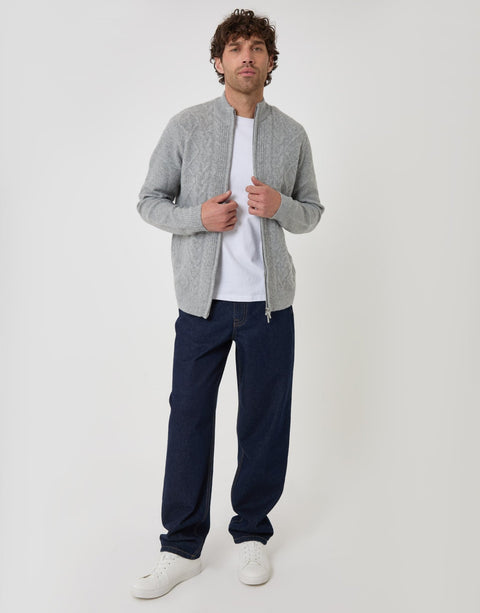 Threadbare Cable Knit Zip Through Jumper in Grey Marl - full body