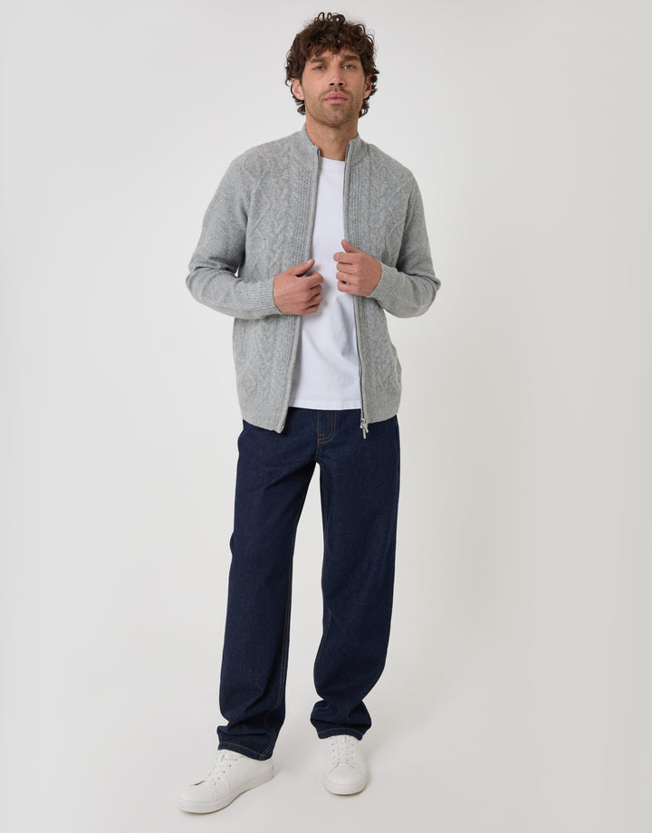 Threadbare Cable Knit Zip Through Jumper in Grey Marl - full body