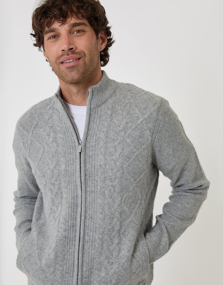 Threadbare Cable Knit Zip Through Jumper in Grey Marl - front view