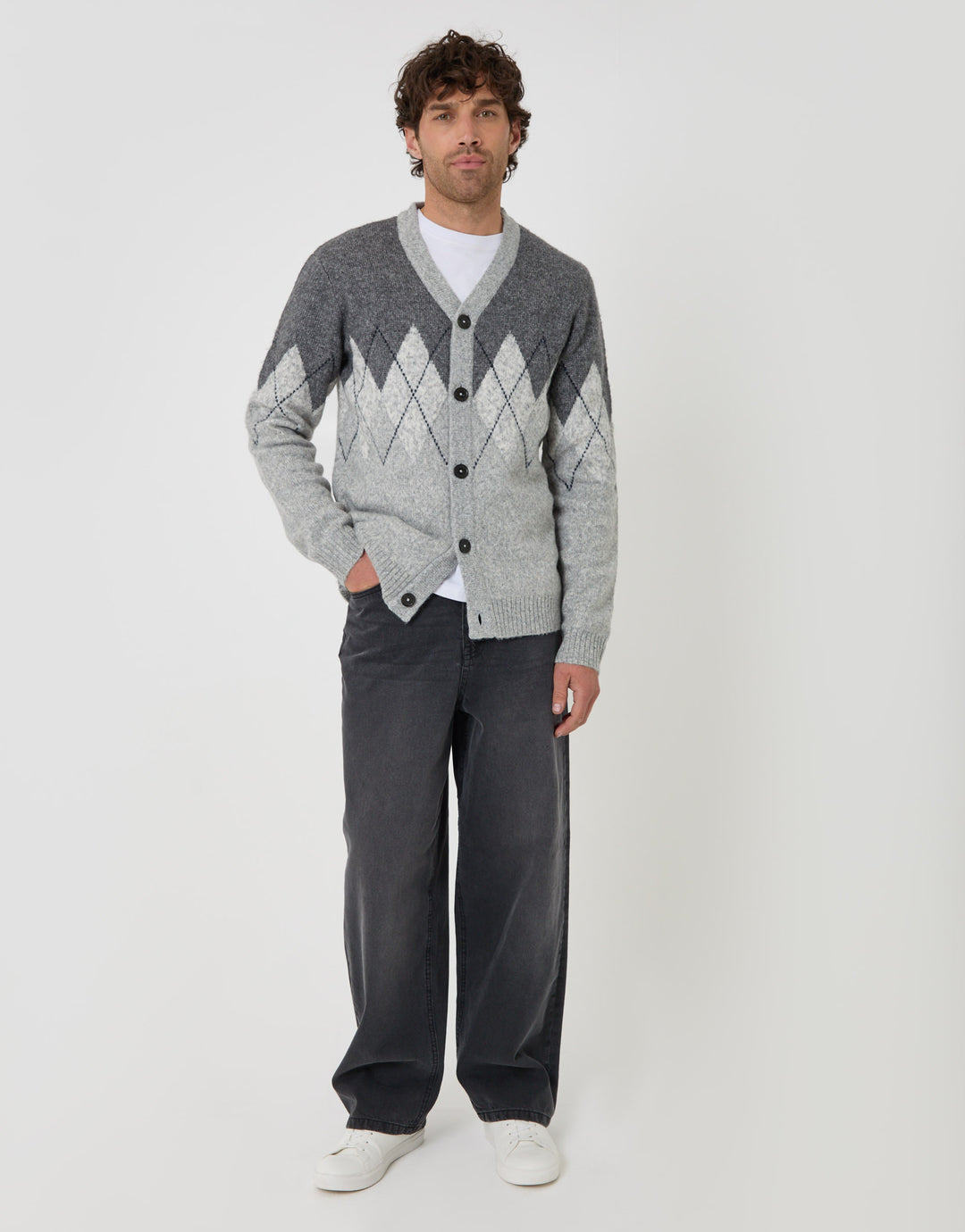 Threadbare Wool Blend Argyle Button Up Cardigan in Charcoal - full body