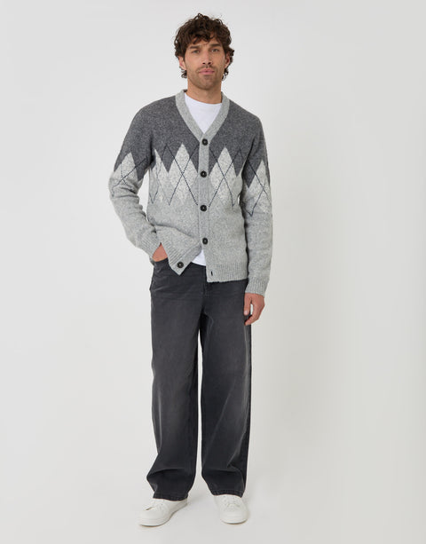 Threadbare Wool Blend Argyle Button Up Cardigan in Charcoal - full body