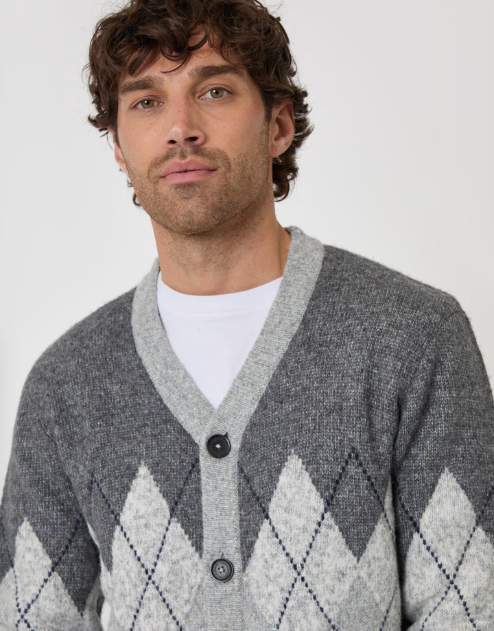 Threadbare Wool Blend Argyle Button Up Cardigan in Charcoal - detail