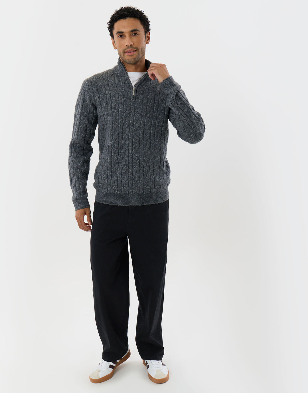 Cable Knit Quarter Zip Jumper in Charcoal