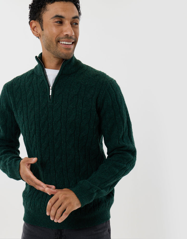 Cable Knit Quarter Zip Jumper in Forest Green