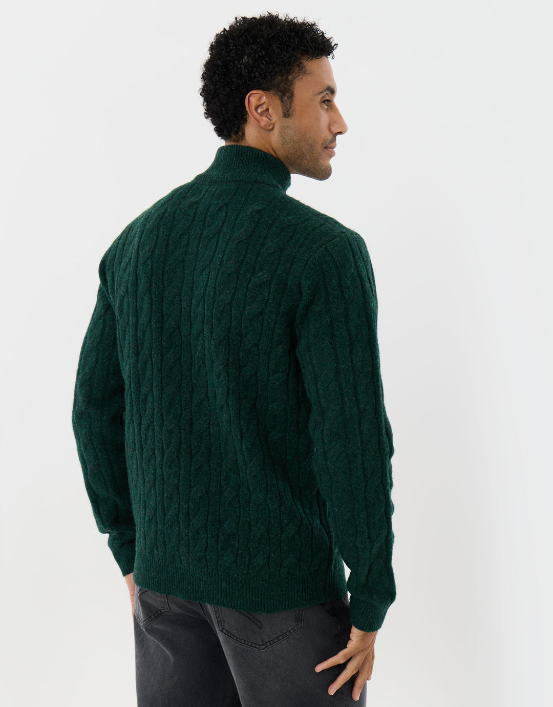 Cable Knit Quarter Zip Jumper in Forest Green