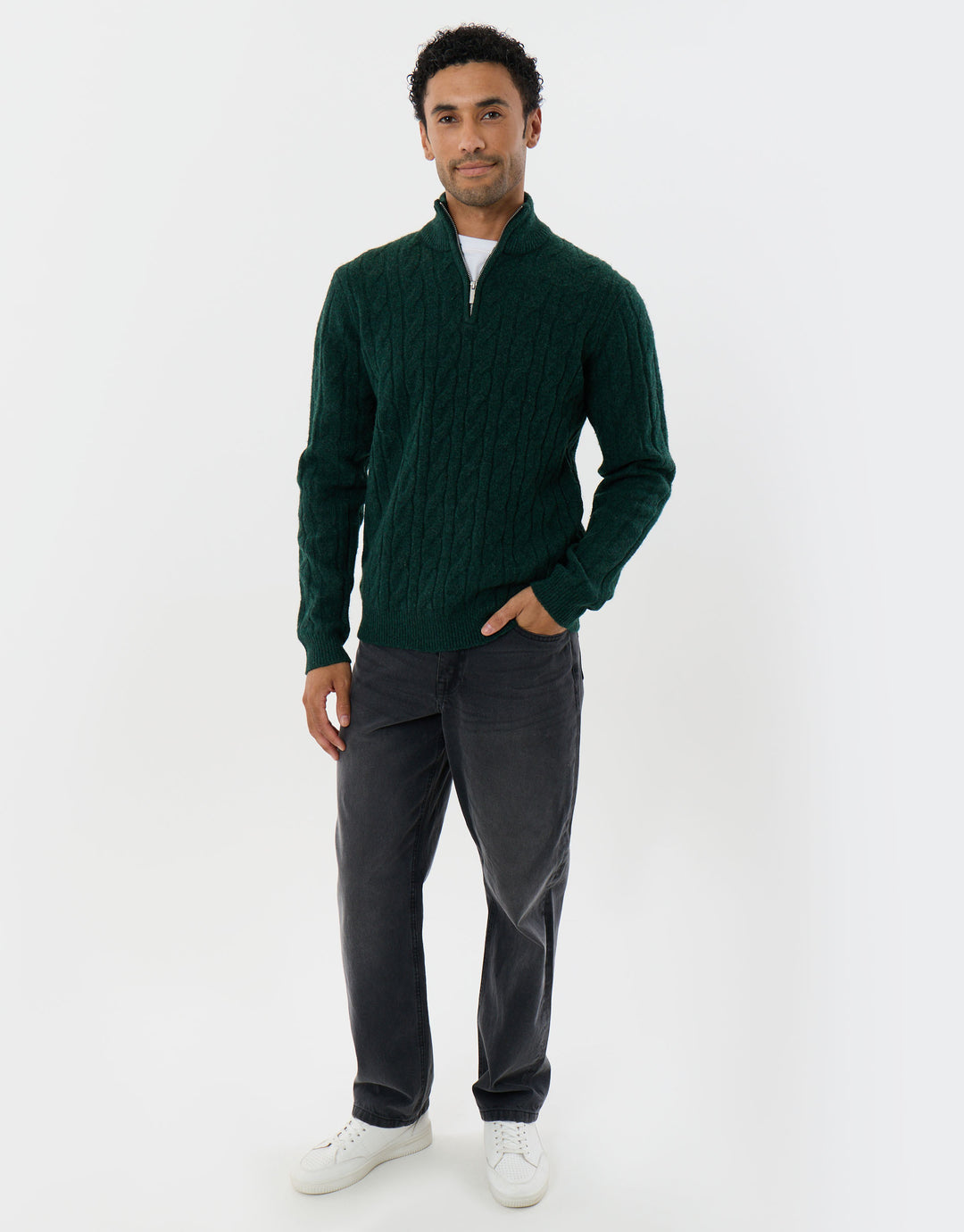 Cable Knit Quarter Zip Jumper in Forest Green