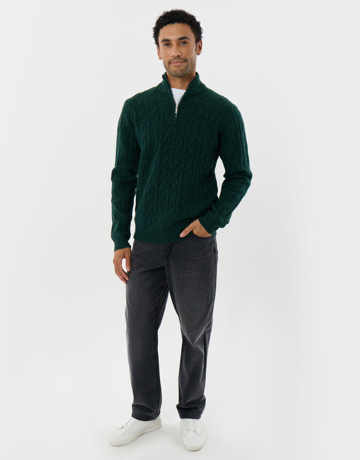 Cable Knit Quarter Zip Jumper in Forest Green