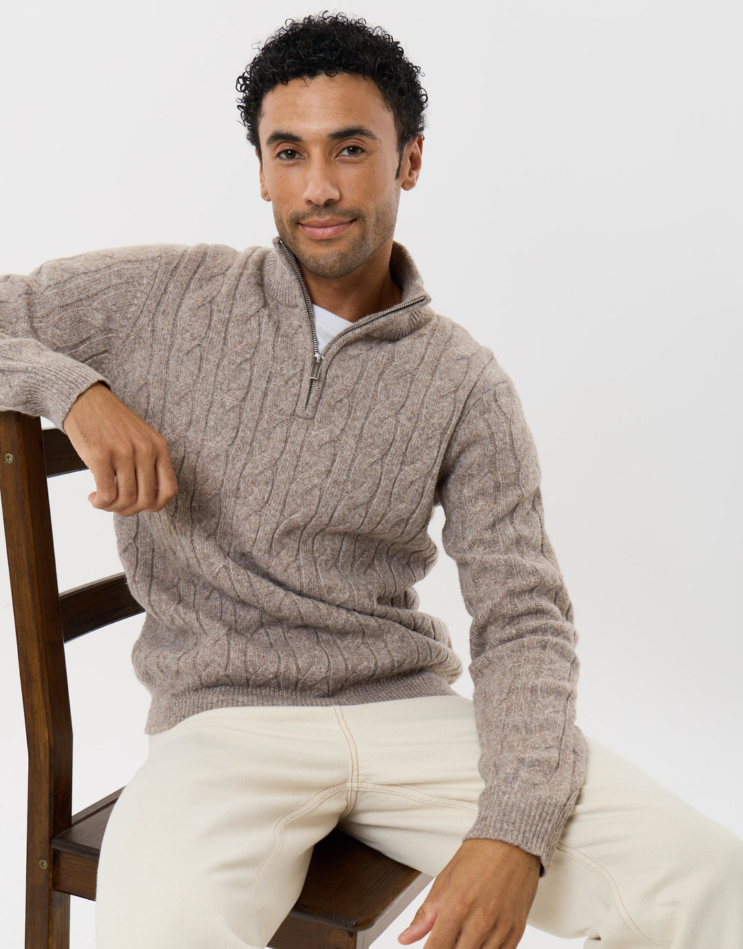Cable Knit Quarter Zip Jumper in Taupe