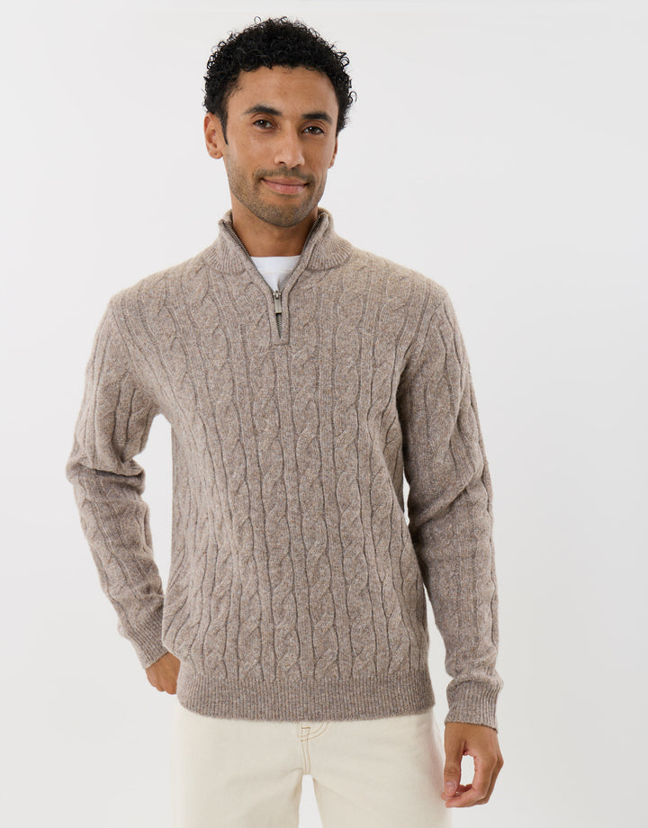 Cable Knit Quarter Zip Jumper in Taupe