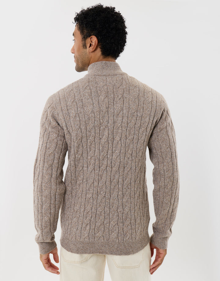 Cable Knit Quarter Zip Jumper in Taupe